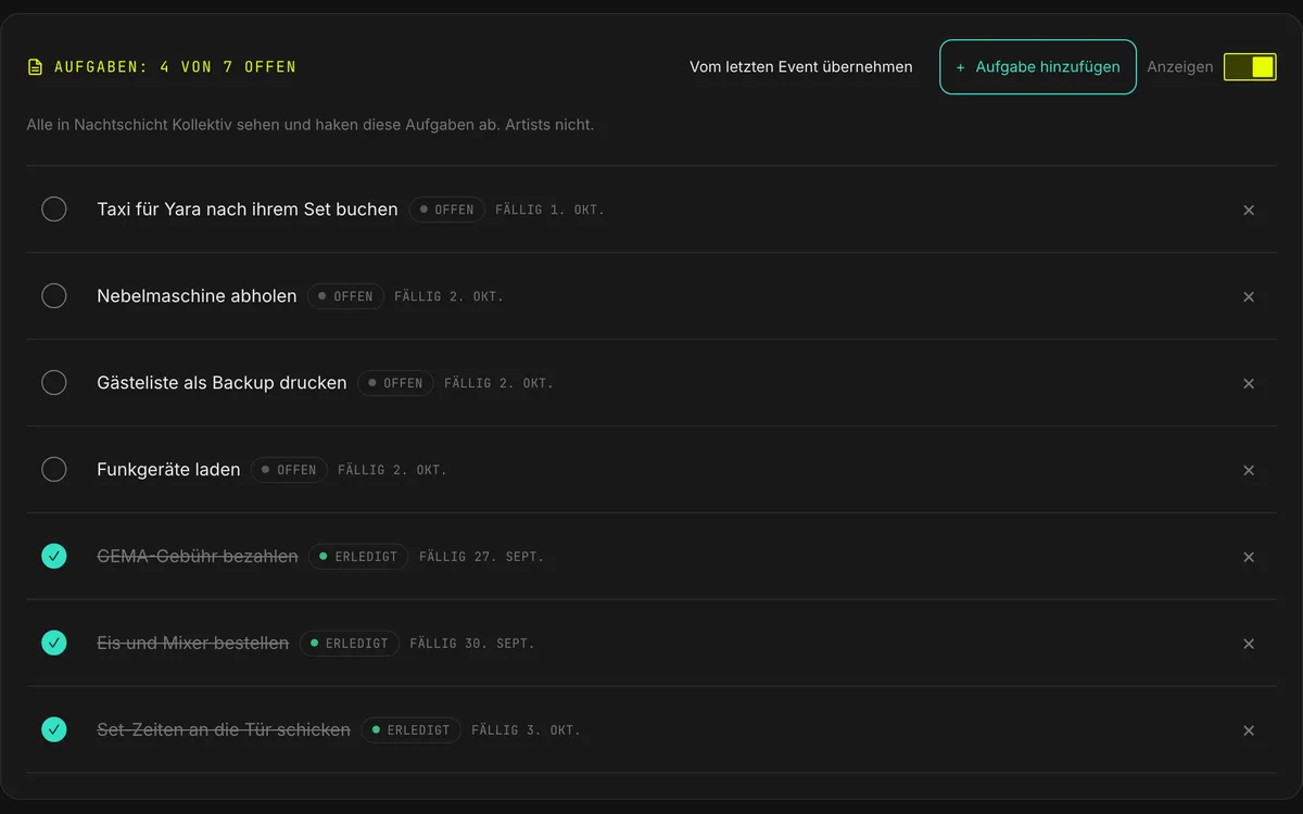 Der Tasks Manager eines Events mit offenen und erledigten Aufgaben