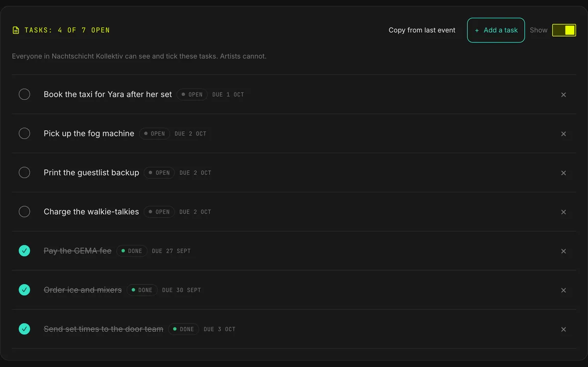 The tasks manager of an event, with open and done tasks