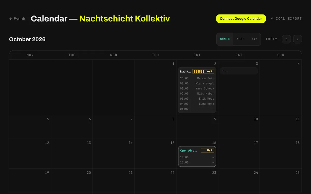 The month calendar of a promoter with the events of the month