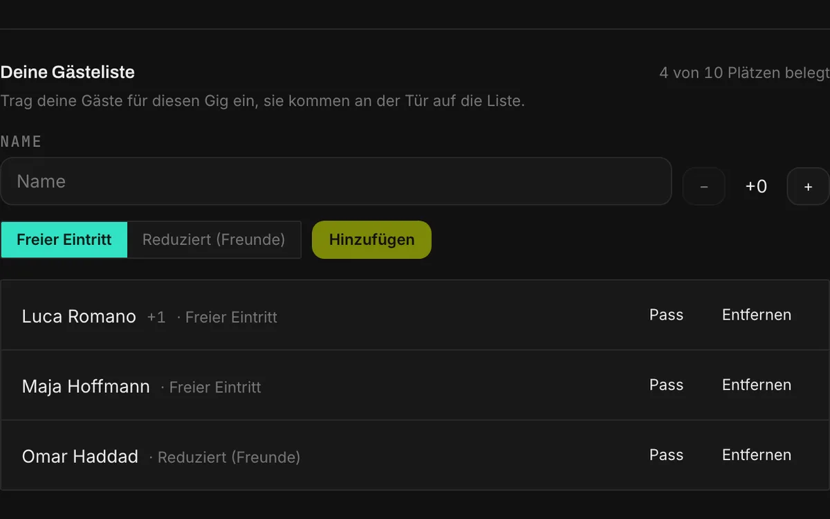 Die Gästeliste eines DJs in seiner Buchung, mit drei Gästen