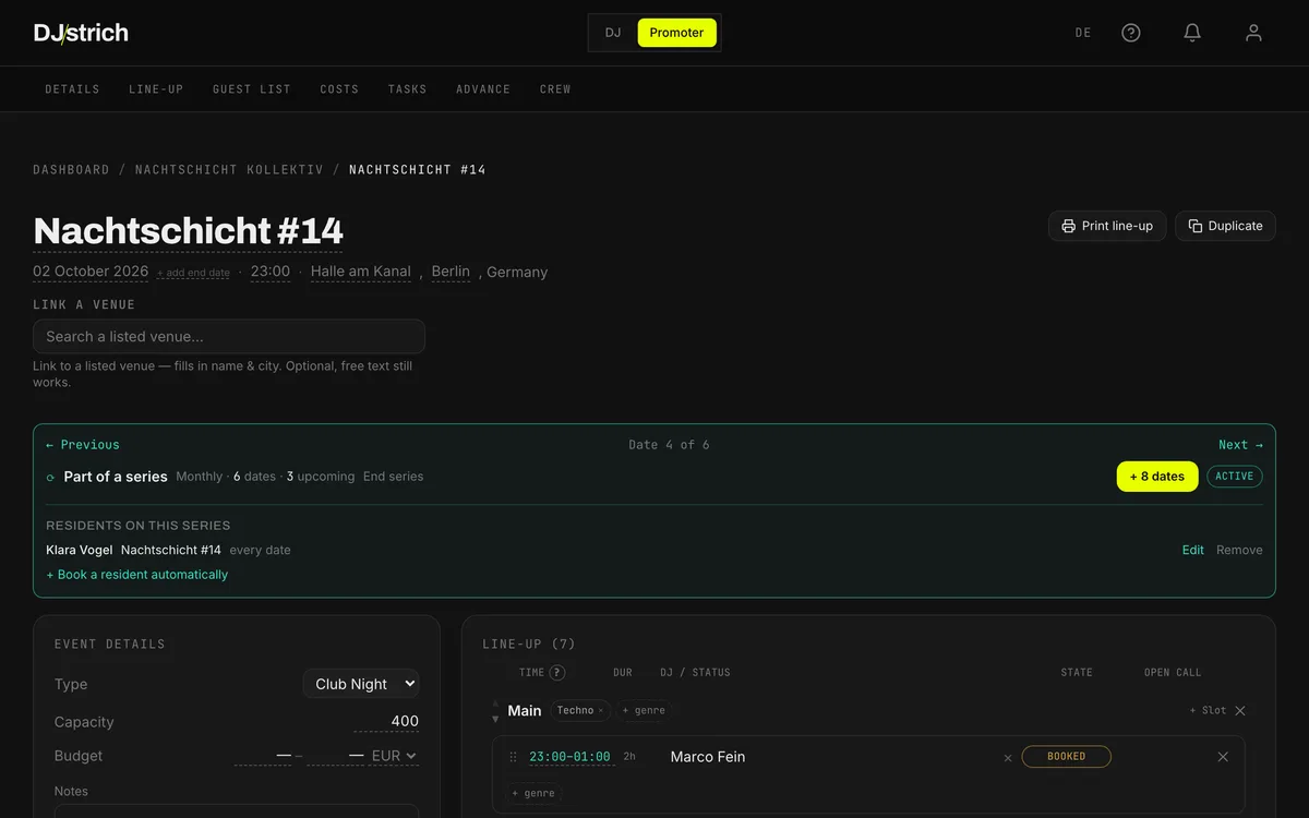 The event page of a club night: section navigation, series box and the start of the line-up