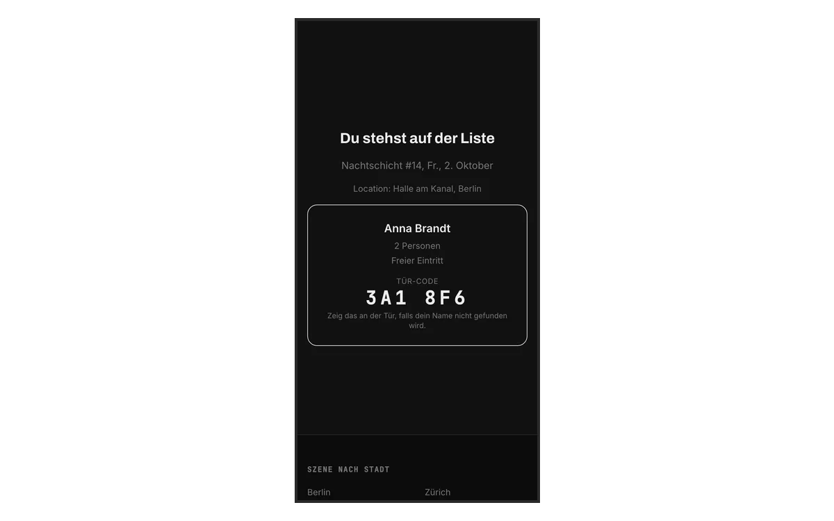 Ein Gäste-Pass auf einem Handy mit Name, Personenzahl und Tür-Code