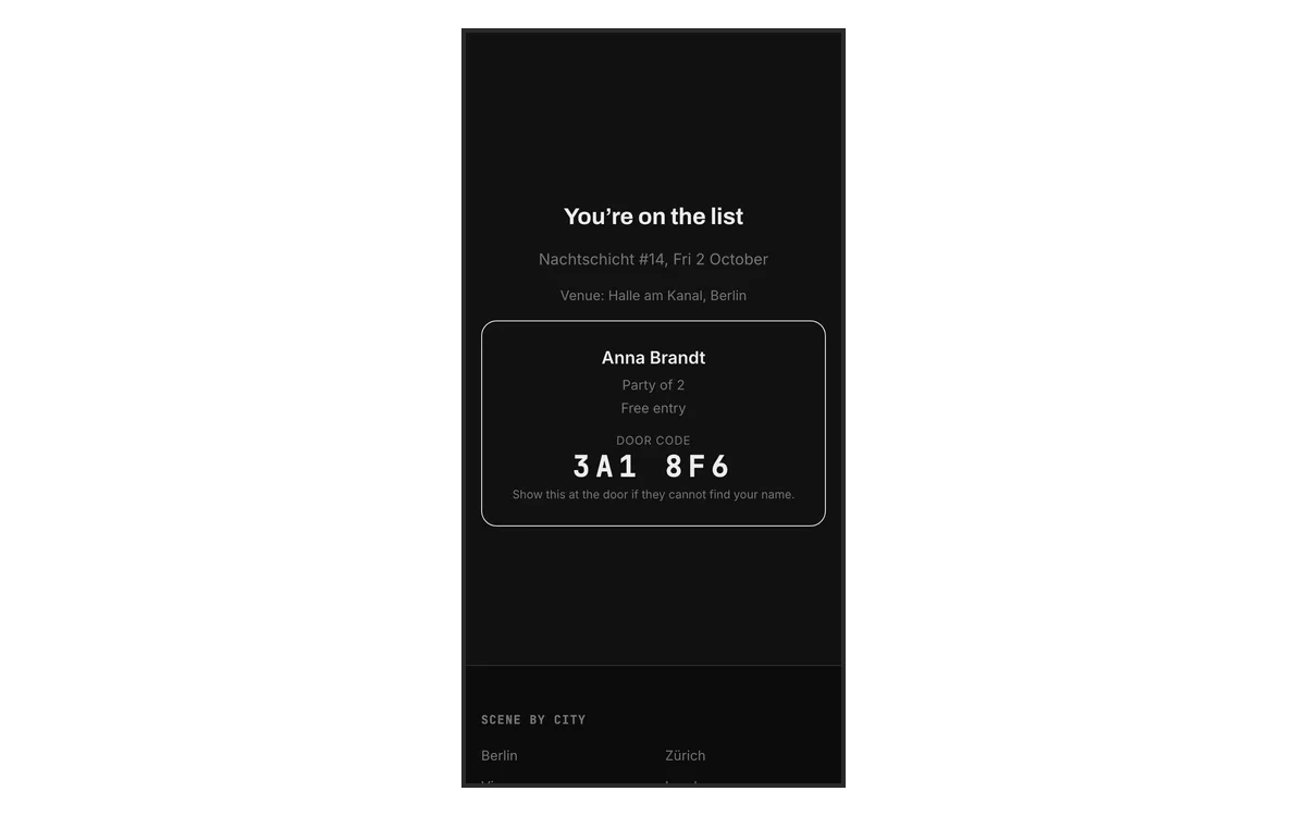 A guest pass on a phone with the name, the party size and the door code
