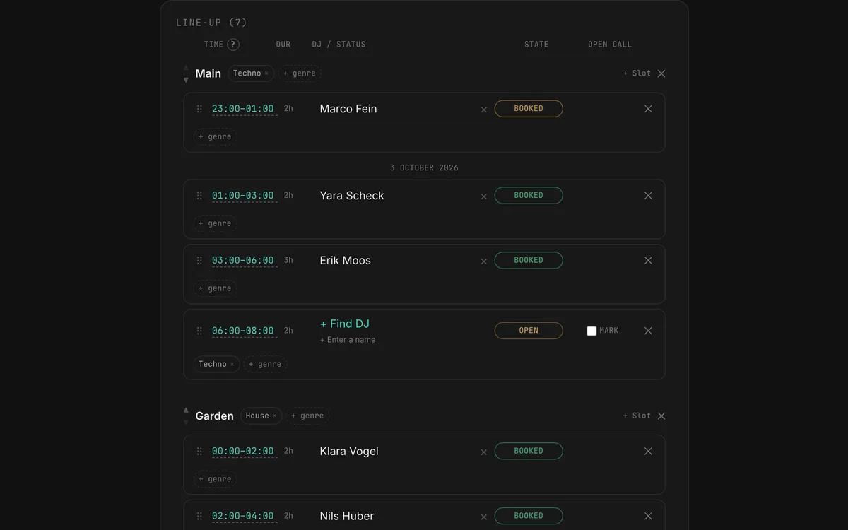 The line-up editor of an event with a main floor and a garden floor