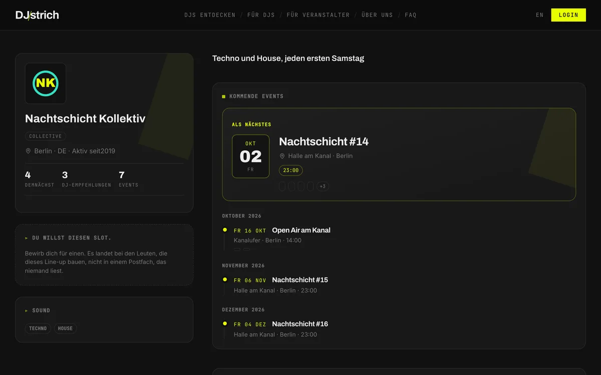 Die öffentliche Seite einer Veranstalter-Crew mit Events und Roster