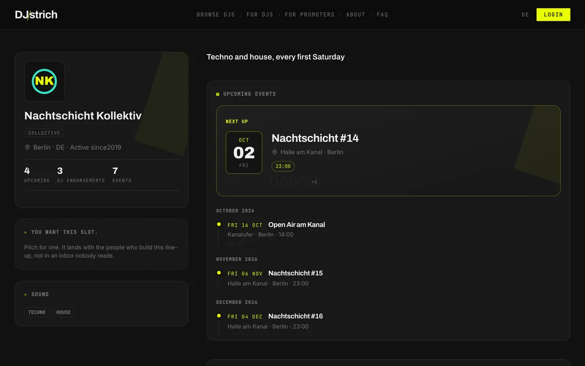 The public page of a promoter crew with its events and roster