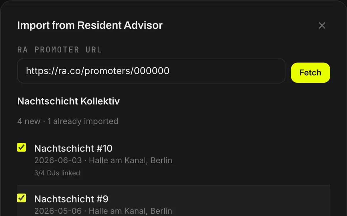 The Resident Advisor import dialog