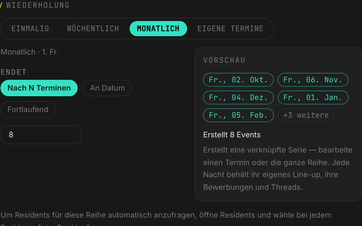 Die Reihen-Einstellungen eines Events mit Rhythmus und den nächsten Terminen