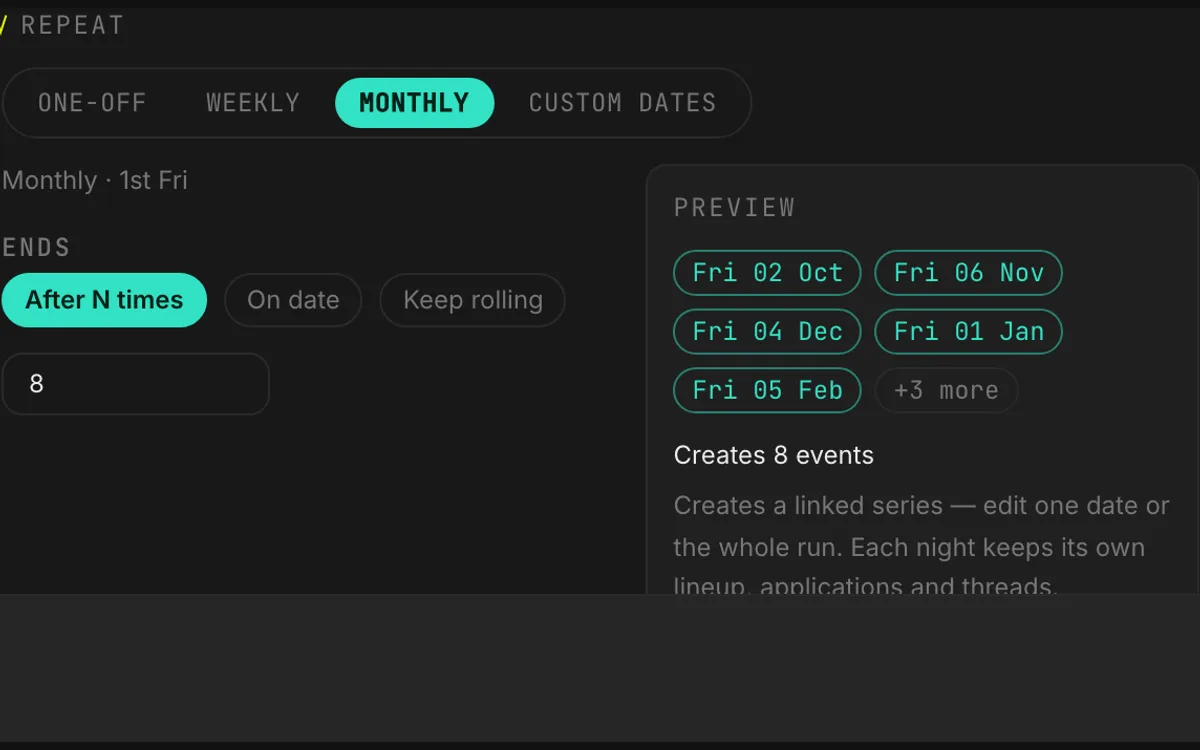 The series settings of an event with the rhythm and the upcoming dates